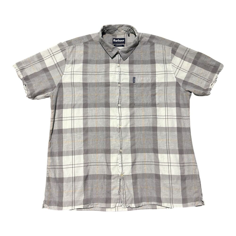 Barbour Shirt Men’s Large Regular Fit Gray Plaid 100% Cotton Short Sleeve